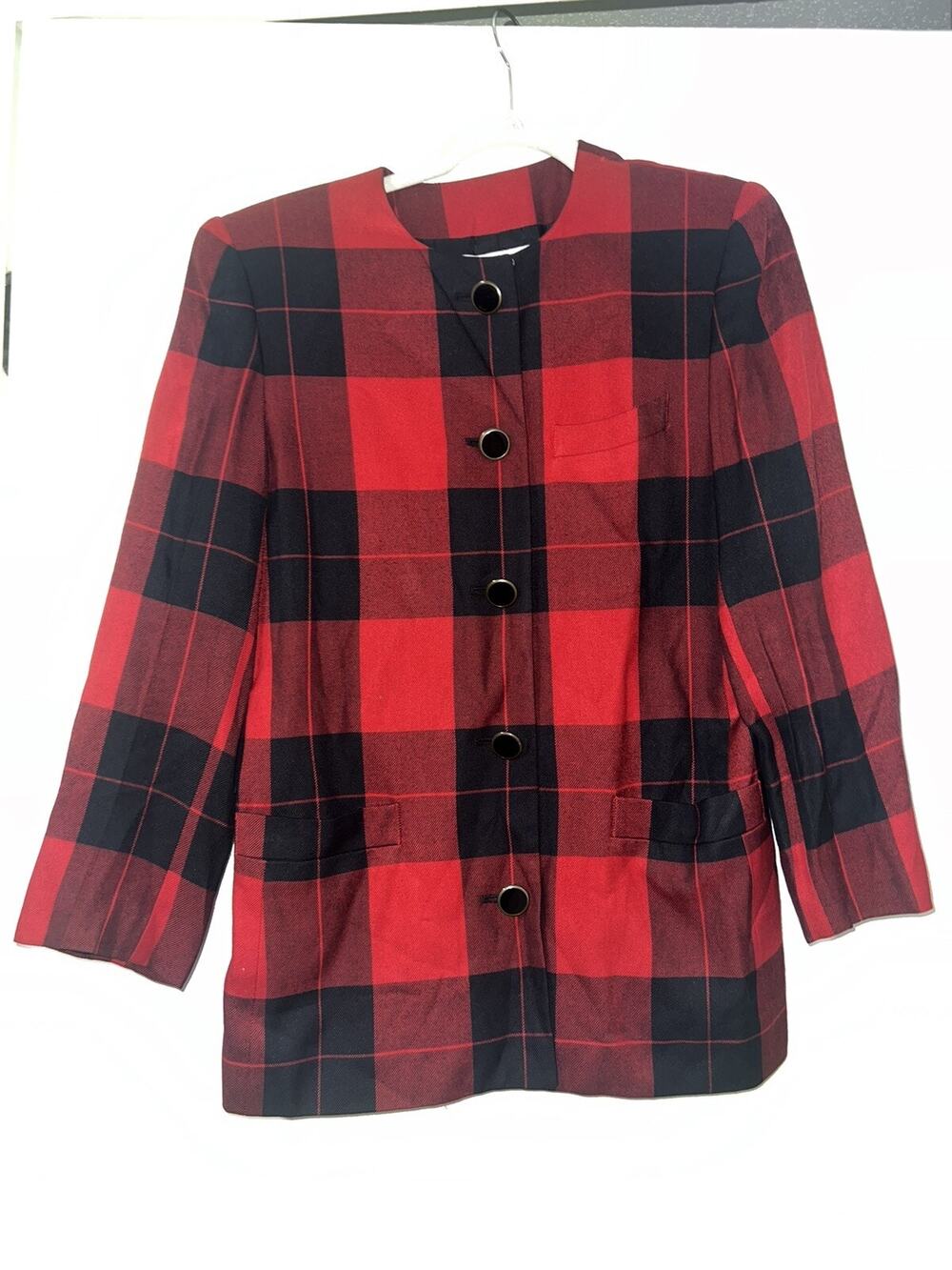 Le suit womens plaid black red lined buttoned blazer womens 10